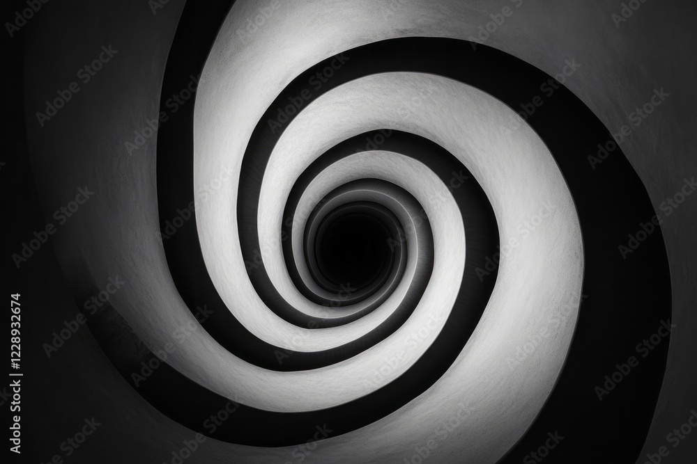 Poster a mesmerizing black and white spiral tunnel with concentric circles, creating a captivating optical 