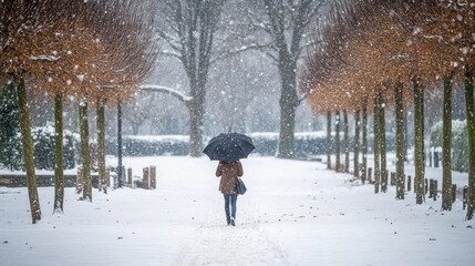 peaceful winter walk with person holding an umbrella in falling snow, quiet snowy landscape