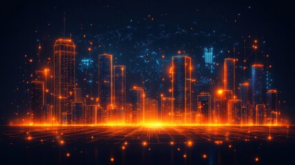Digital city skyline, glowing, global network, future tech