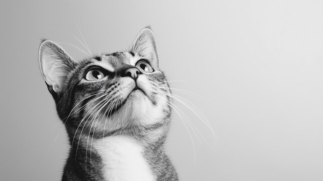 Black and White Portrait of a Tabby Cat Looking Up