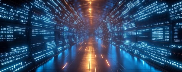 a digital tunnel glowing with blue and orange light, made up of lines of code. The tunnel symbolizes the complex world of technology and the infinite possibilities of the digital realm 