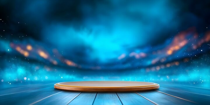 A circular wooden stage or platform set against a vibrant, blurred blue and orange background with a dreamy atmosphere. Concept Circular Wooden Stage, Vibrant Blur Background, Blue and Orange Colors
