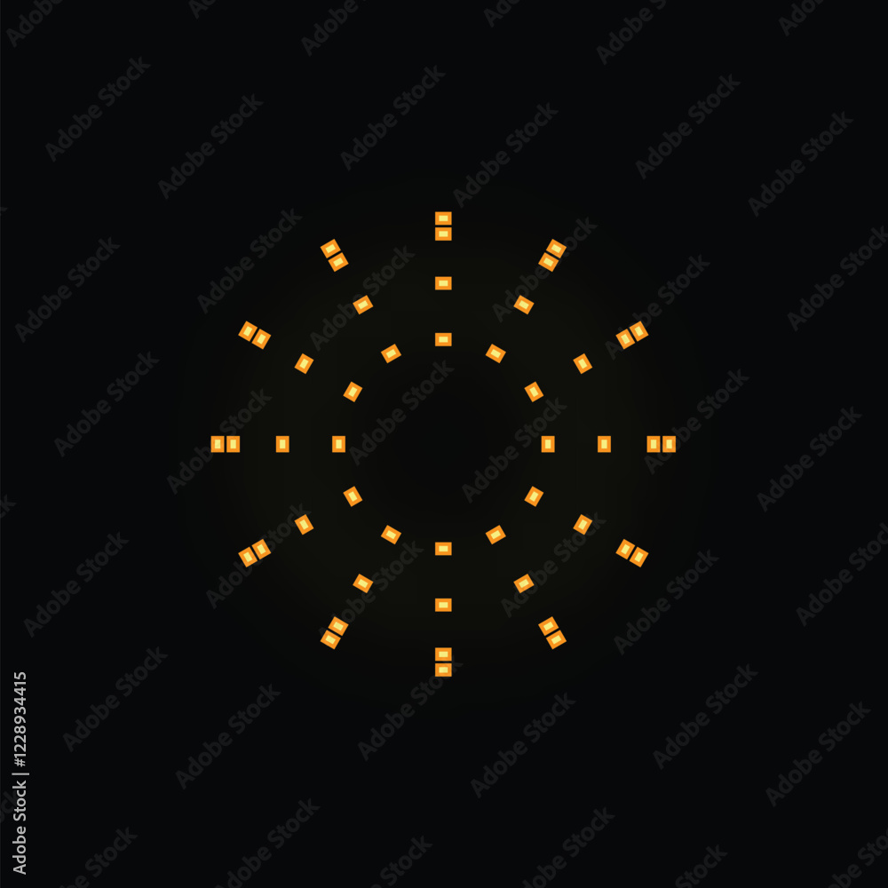 Poster abstract circular shape made of orange squares creating a sun with rays on black background