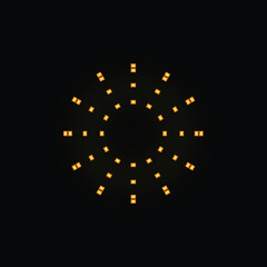 Abstract circular shape made of orange squares creating a sun with rays on black background