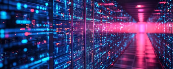 Data center server room with glowing lights and digital information displayed on the servers. The image evokes a sense of high technology and digital innovation.