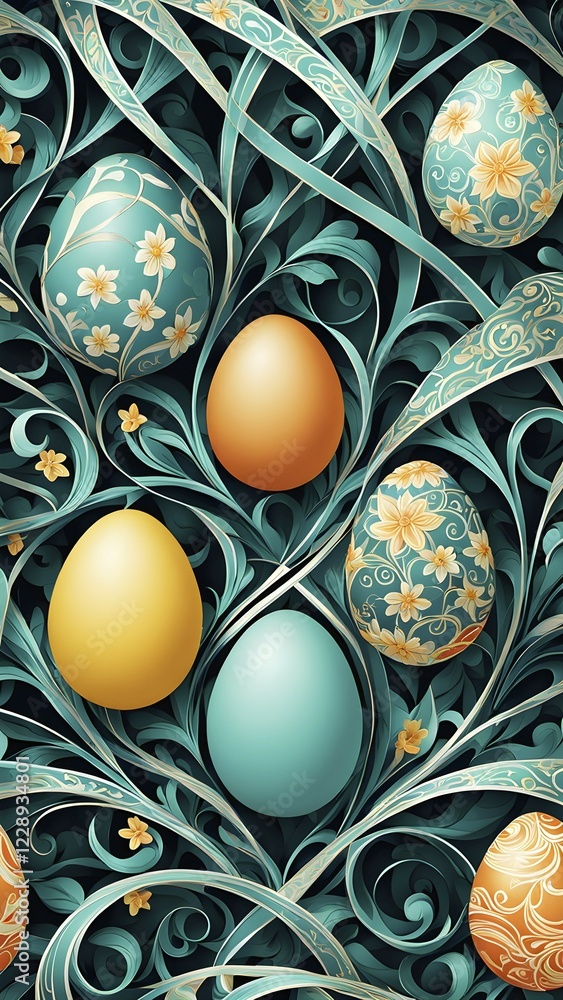 Poster a whimsical abstract pattern with intertwined ribbons, eggs, and floral motifs, with a mix of sharp 