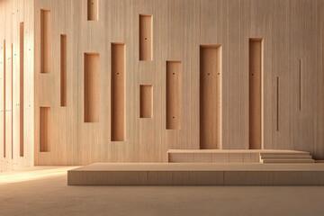 Modern wooden interior featuring structured wall and seating area in a minimalist space