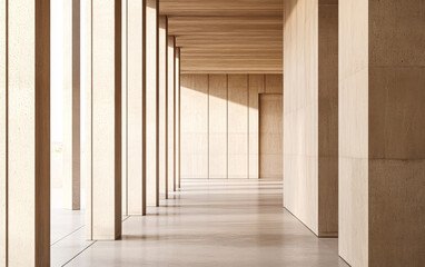 Obraz premium Elegant modern architecture featuring wooden beams and smooth concrete walls in a spacious corridor