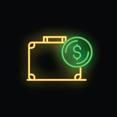 Neon green dollar sign glowing brightly over a classic briefcase icon in yellow on a black background