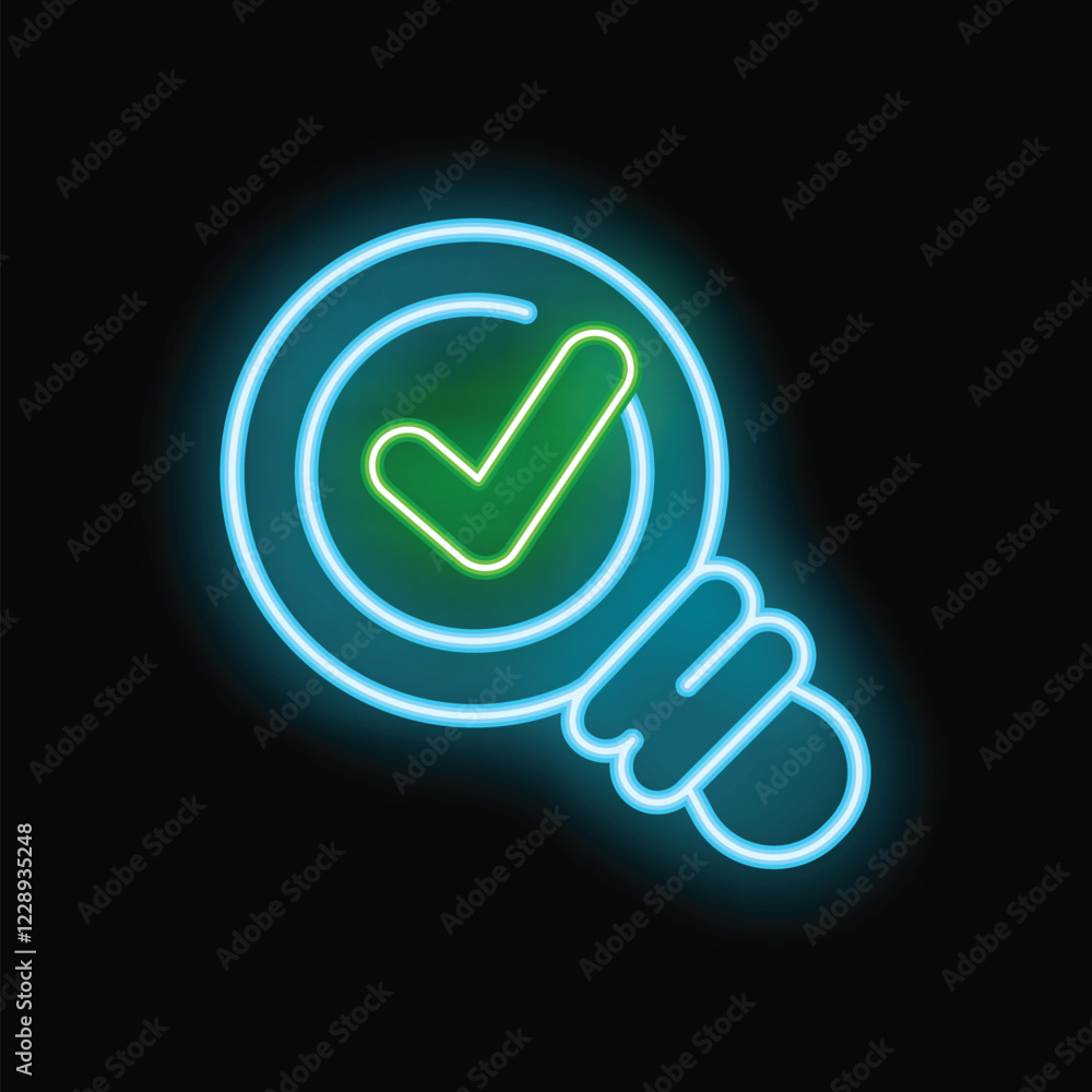 Poster glowing neon icon of a light bulb containing a check mark, representing a validated or successful id