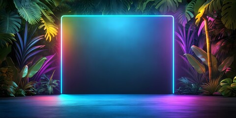 A vibrant tropical background with neon lighting and lush foliage, creating a colorful and inviting atmosphere. Concept Tropical Vibes, Neon Lighting, Lush Foliage, Colorful Atmosphere