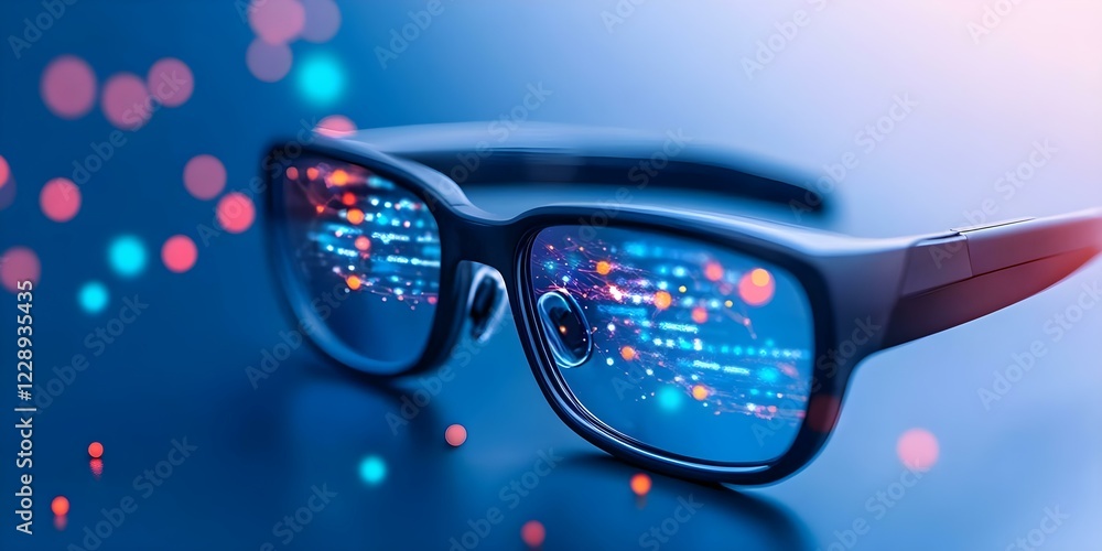 Poster a pair of glasses reflecting a digital network of lights and data, creating a futuristic tech vibe. 