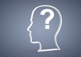 Head with a question mark symbol, symbolic image for questions or problems, 3D illustration