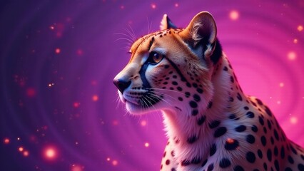 A Majestic Cheetah in a Vibrant Purple and Pink Cosmic Setting, Illuminated by Sparkling Lights, Profile View