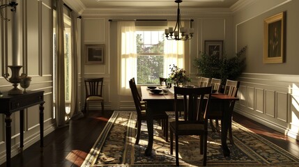 A dining room with dark wood floors, white wainscoting, and black chairs around an elegant wooden table