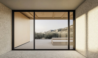 Modern architectural design with outdoor view of mountains and greenery in minimalistic space