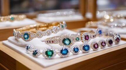 Colorful gemstone bracelets displayed in a jewelry store.