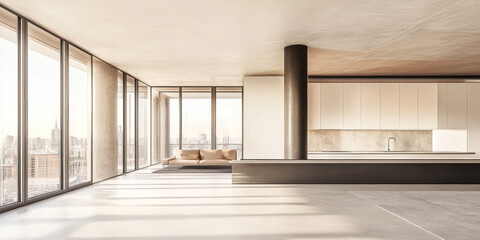Fototapeta premium Modern open-plan living area with large windows and minimalist design in urban setting