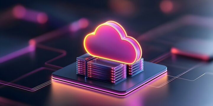 A stylized cloud symbol above a stack of glowing data storage, representing cloud computing and data storage solutions. Concept Stylized Cloud Symbol, Glowing Data Storage, Cloud Computing Solutions