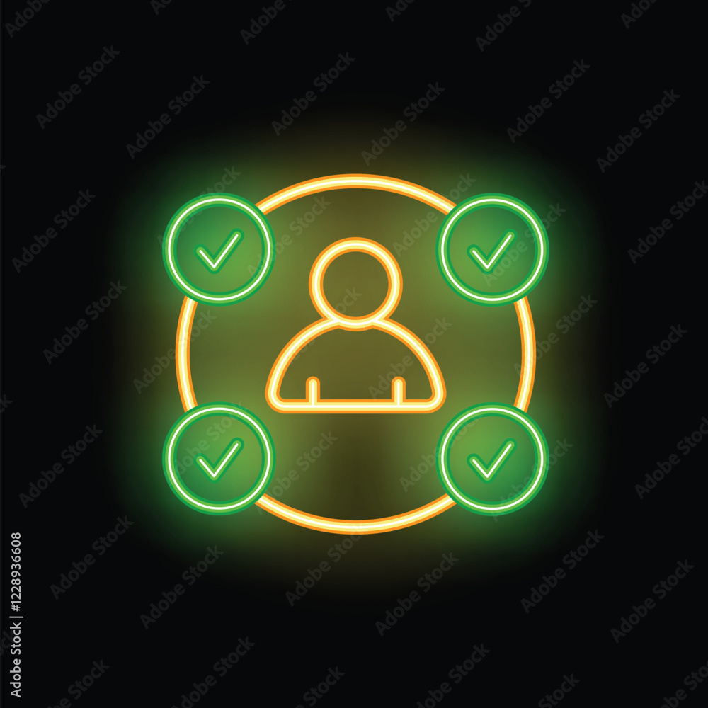 Poster neon sign representing the concept of validation with a person surrounded by check marks