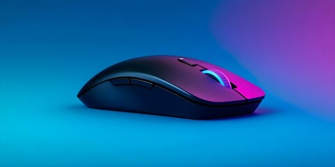 A sleek gaming mouse on a gradient blue and purple background, featuring customizable buttons and a glowing scroll wheel. Concept Gaming Accessories, Customizable Technology, Sleek Design