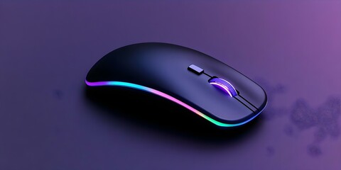 A sleek black computer mouse with RGB lighting along its edges, set against a purple background. Concept Sleek Black Mouse, RGB Lighting, Purple Background, Gaming Accessories, Modern Design