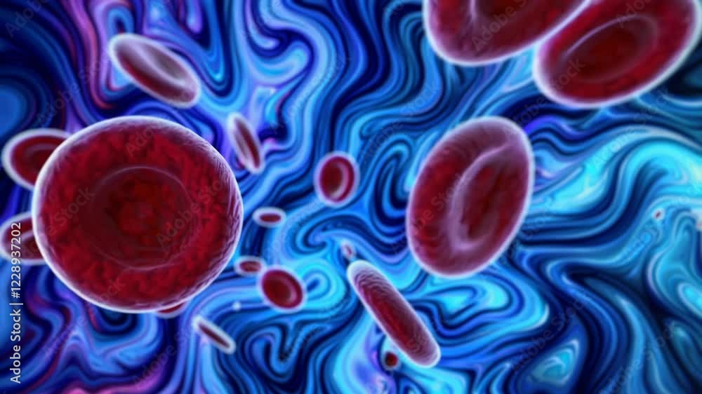 Poster an abstract, glowing animation of blood cells in a vibrant fluid environment, emphasizing the cellul
