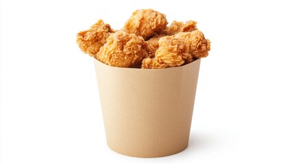 Crispy Fried Chicken Pieces in a Brown Paper Cup on White Background