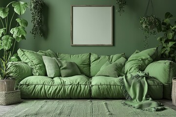 Green Living Room Decor Featuring Sofa Plants And Artwork