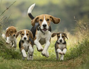 Dog, beagle with puppies walking side by side, AI generated, AI generated