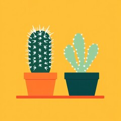 Two potted cacti sit on a yellow shelf