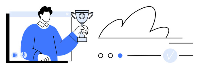 Person holding a trophy during a virtual conference call, cloud and progress indicator. Ideal for remote success, virtual recognition, teamwork, online seminars, e-learning, achievement awards. Line