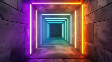 Obraz premium Vibrant Neon Tunnel with Colorful Lights and Grunge Walls