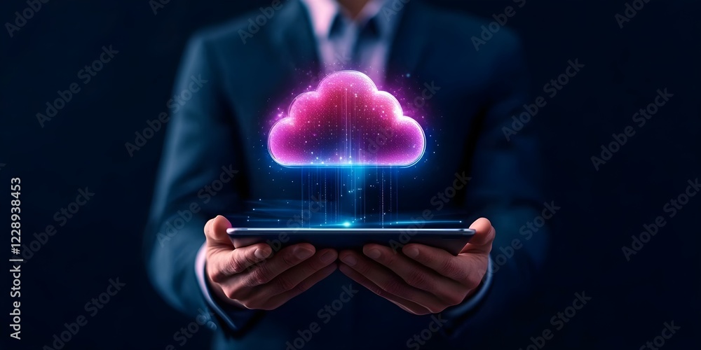 Aufkleber a person in a suit holding a tablet with a glowing, digital cloud symbol above it, representing clou
