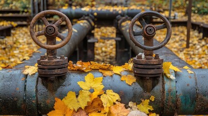 Fototapeta premium Rustic industrial pipes and valves highlighted by fallen golden autumn leaves, merging industrial design and natural decay.