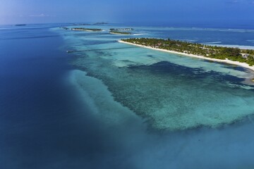 Aerial view, lagoon of the Maldives island Bodufinolhu or Fun Island resort, South Male Atoll, Maldives, Asia