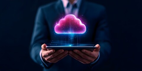 A person in a suit holding a tablet with a glowing, digital cloud symbol above it, representing cloud computing or data storage. Concept Cloud Computing Concept, Digital Data Storage