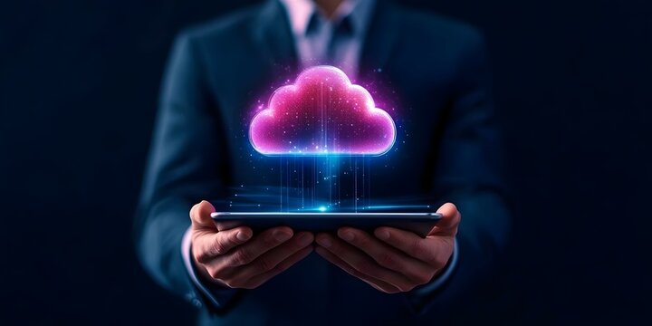 A person in a suit holding a tablet with a glowing, digital cloud symbol above it, representing cloud computing or data storage. Concept Cloud Computing Concept, Digital Data Storage