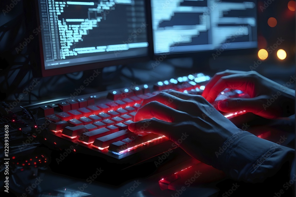 Poster ai generated close up photo capturing hackers hands over an illuminated keyboard