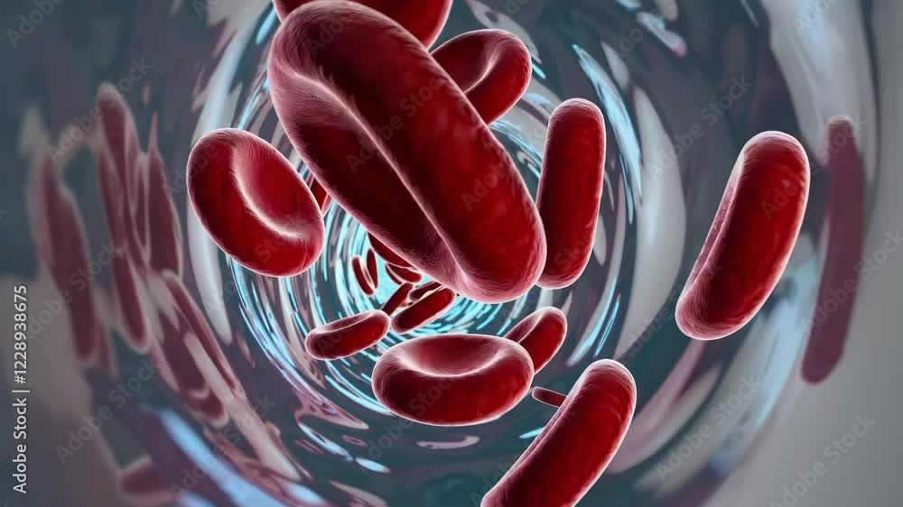 Poster a detailed close-up of red blood cells flowing in a narrow channel, as if viewed through a high-powe
