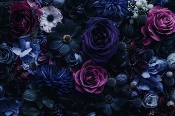 Naklejka premium Densely packed floral arrangement in shades of purple and blue against a dark background, illustration, AI generated