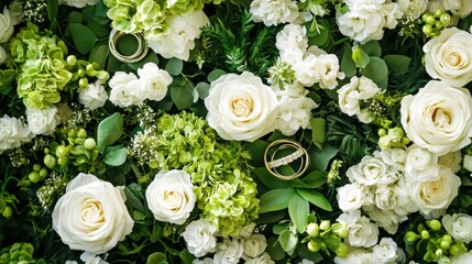 A luxurious wedding backdrop showcasing oversized floral rings wrapped in lush greenery and vibrant white roses.