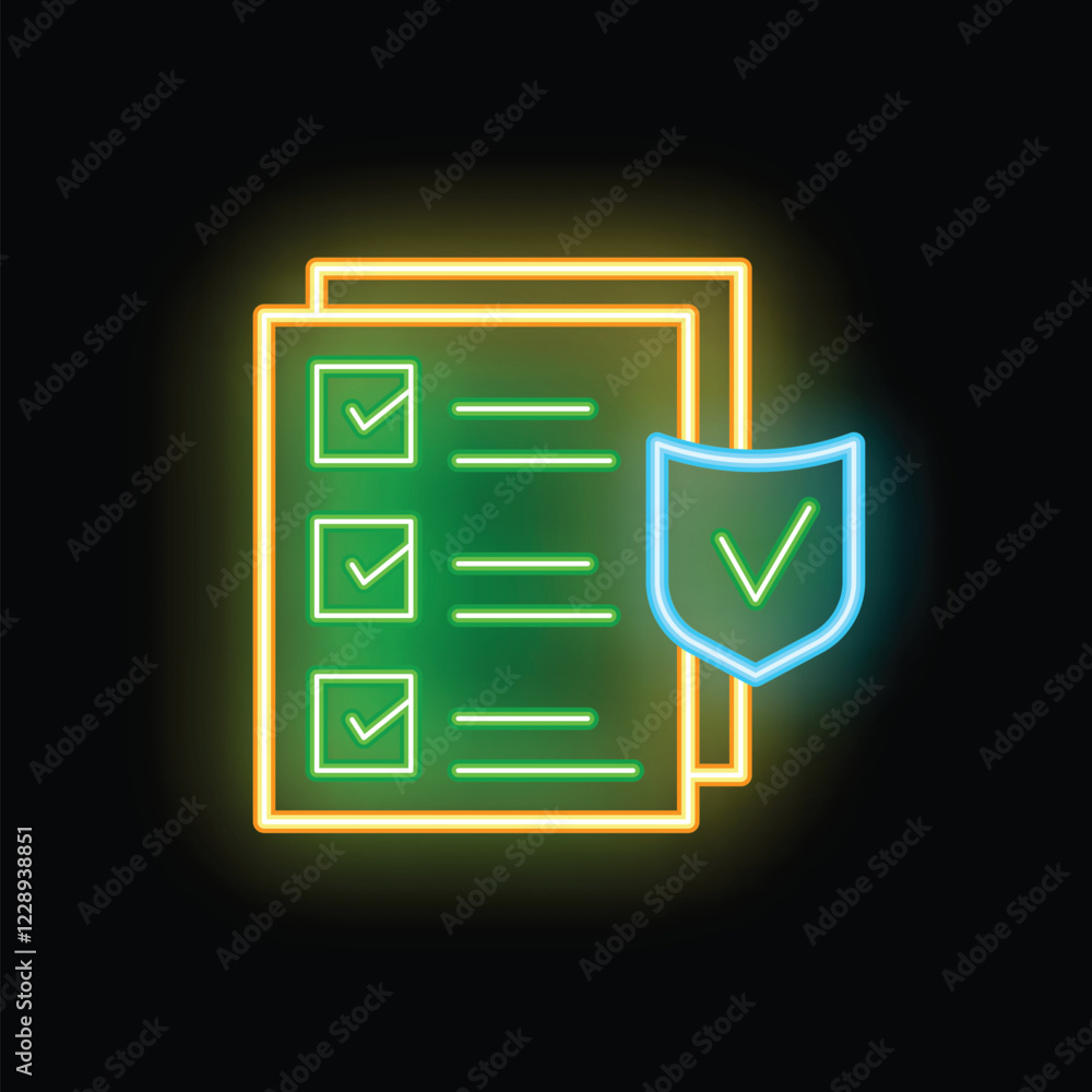 Poster neon shield icon is hovering over a checklist with checkmarks, indicating a sense of security and pr