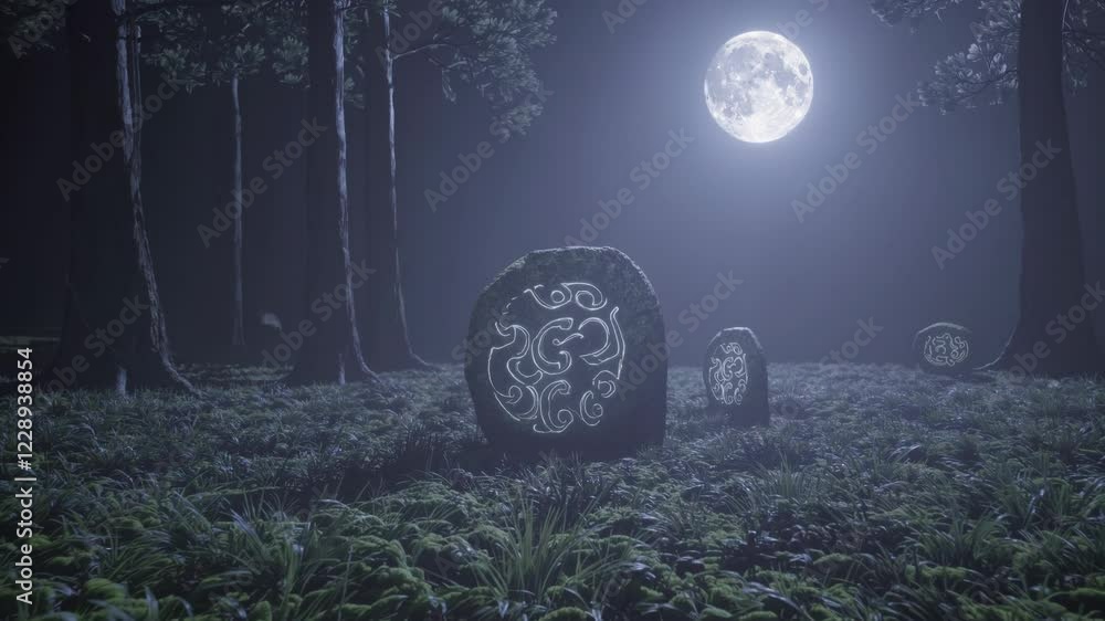 Poster a moonlit clearing where whispering wind and gently drifting leaves unveil hidden symbols carved int