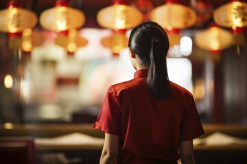 Fototapeta premium Back view of waitress in European style Chinese restaurant. KI generiert, generiert AI generated