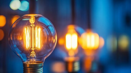 A light bulb is lit up in a dark room. The light bulb is surrounded by other light bulbs, creating a warm and cozy atmosphere