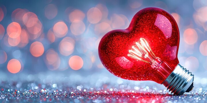Red heart is lit up by a light bulb