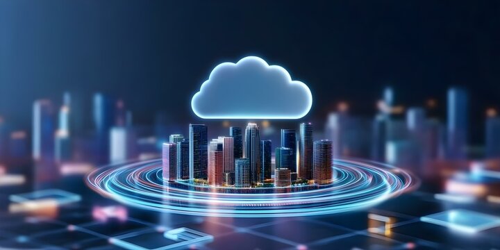 A digital cityscape surrounded by glowing lines, with a prominent cloud symbol above it, representing cloud computing and smart cities. Concept Digital Cityscape, Glowing Lines, Cloud Computing