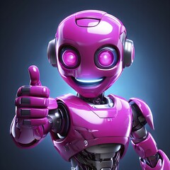 Friendly smiling magenta robot with a thumb up symbolizing artificial intelligence, AI generated