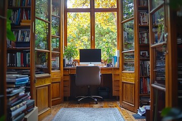 Home office with a computer and bookshelves near a window